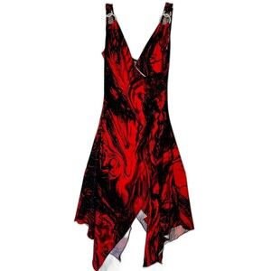 Y2K Janine V Neck Formal Evening Asymmetric Dress S Red/Black Rhinestones